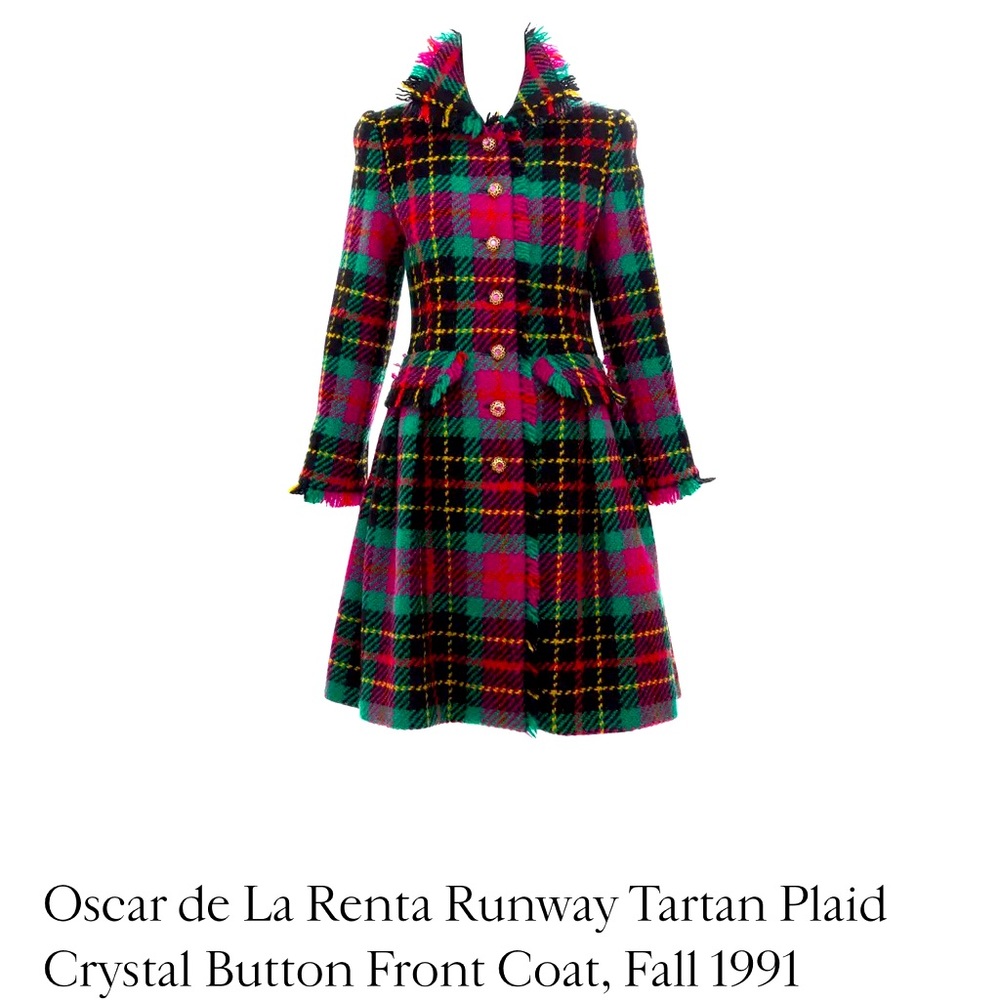 Oscar De La Renta runway tartan plaid crystal button coat, Fall 1991
